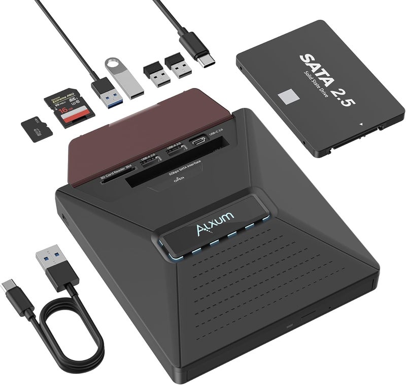 ALXUM Laptop External CD DVD Drive - CD/DVD Burning Supports SATA 2.5" Hard Drive 3 USB 2.0 Interfaces and SD Micro SD Compatible with Win2000/XP Linux Mac 10 OS System SATA&CD, SD&CD Mutual Burning - Image 1